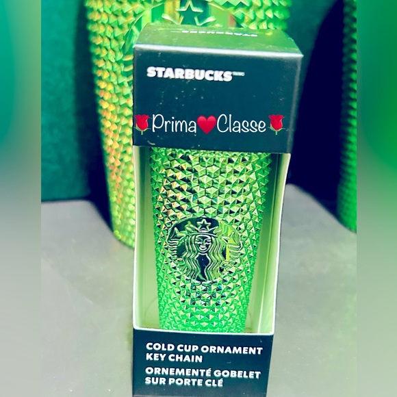 Starbucks Green Metallic Chrome Studded Keychain FOB Bling Ornament Cup Ornament - Picture 3 of 5
